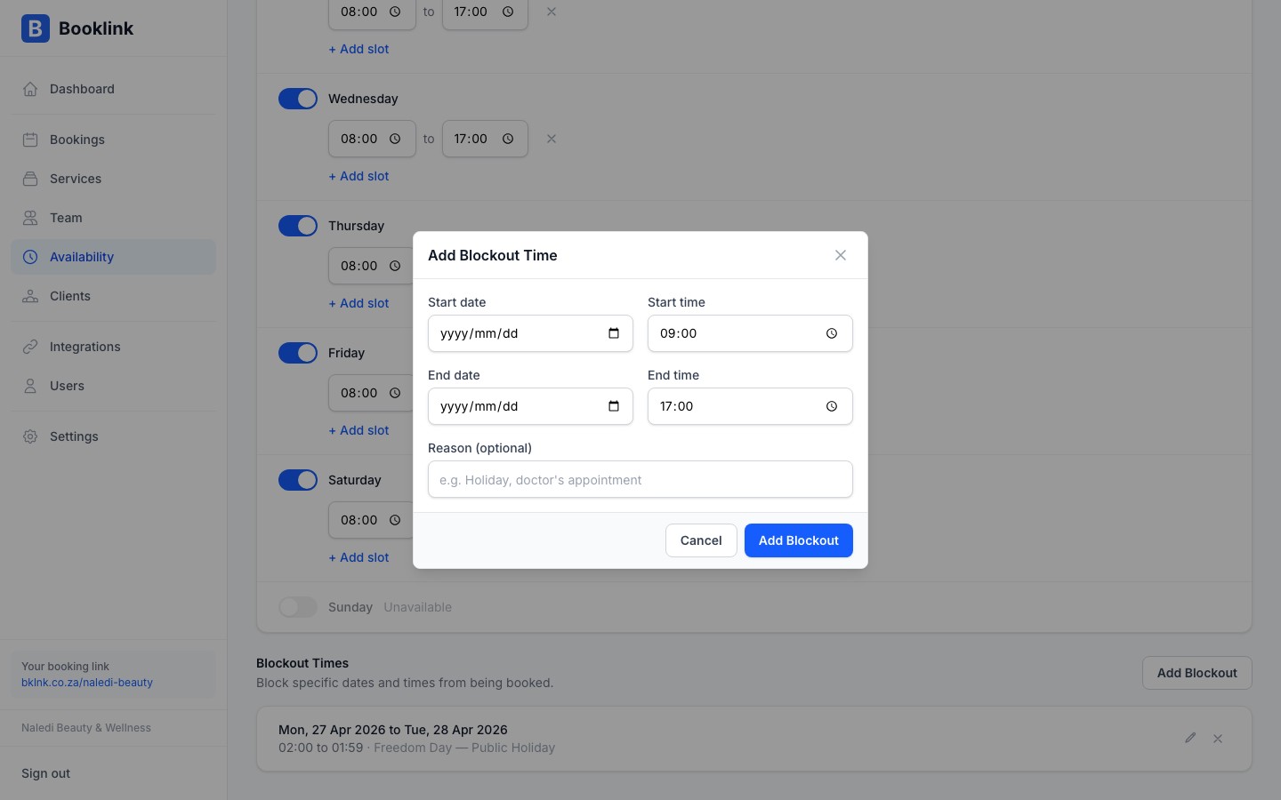 availability add blockout