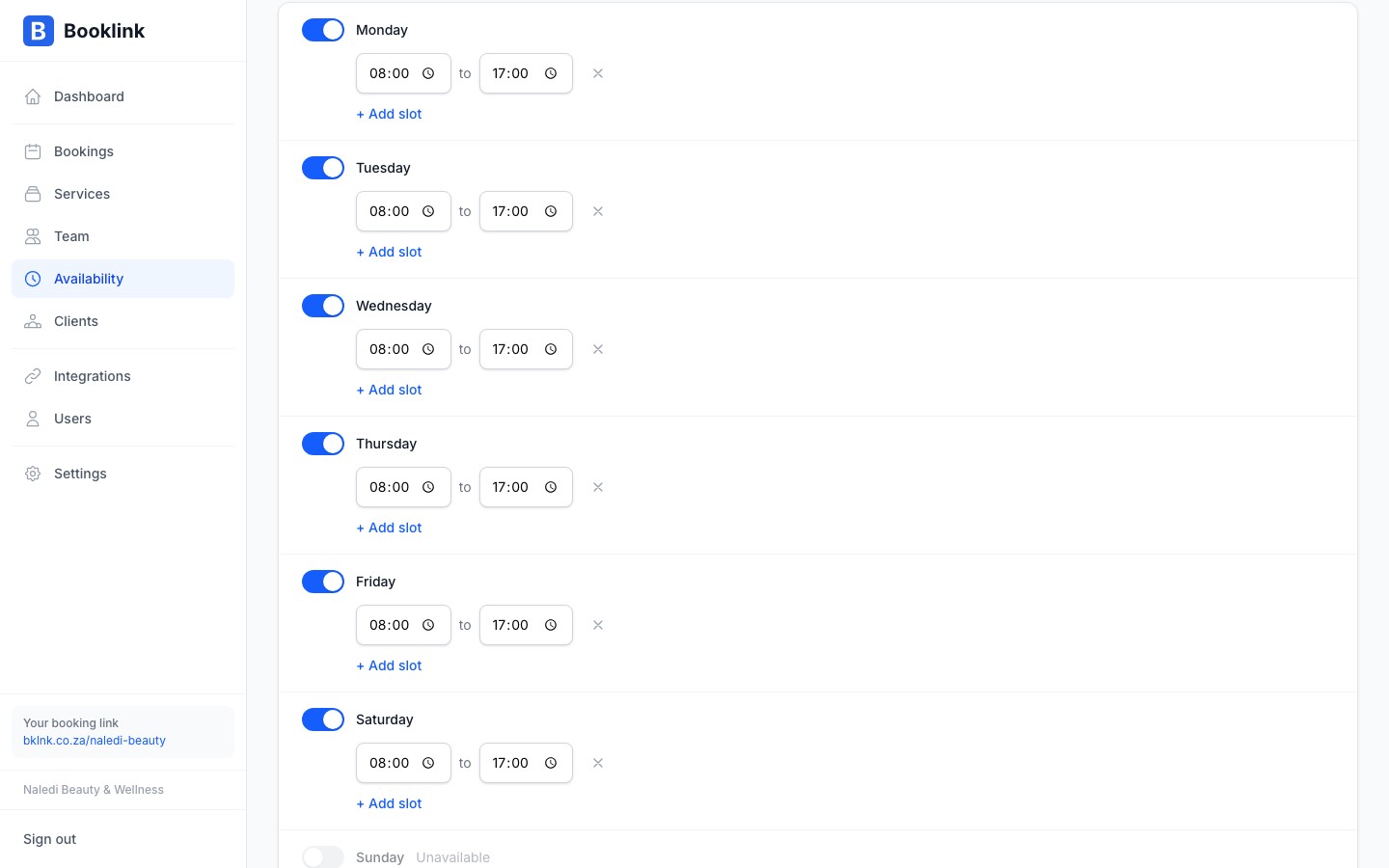 The availability schedule showing two time slots on Wednesday — morning and afternoon
