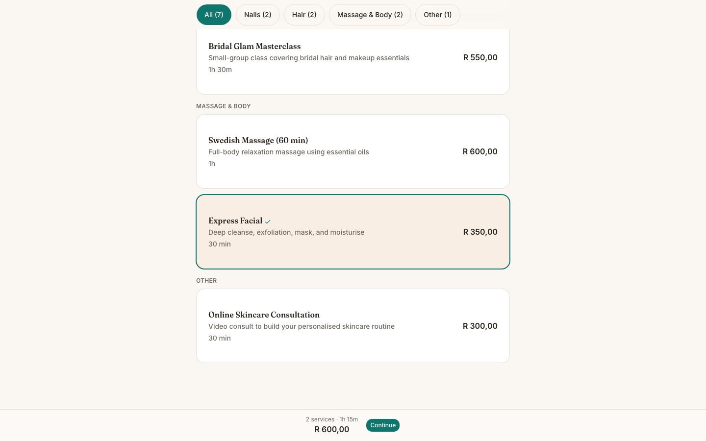 Public booking page with two services selected and the combined summary bar at the bottom