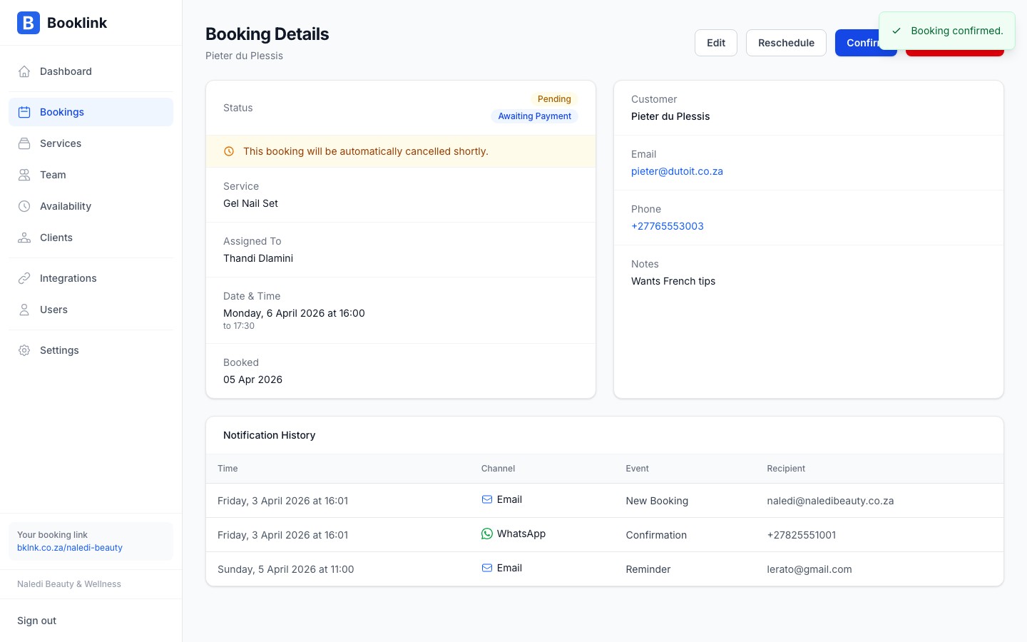 bookings confirm action
