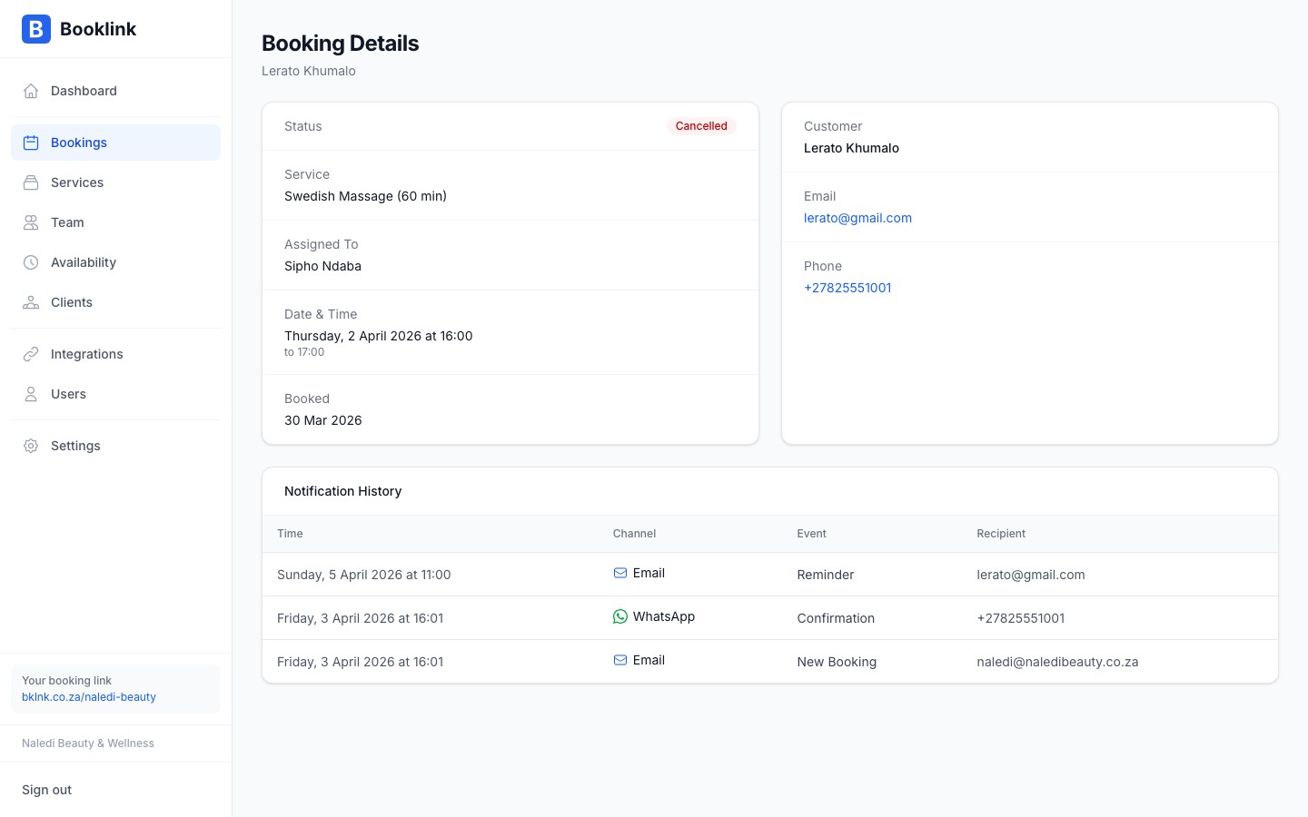 Booking detail panel showing a cancelled booking