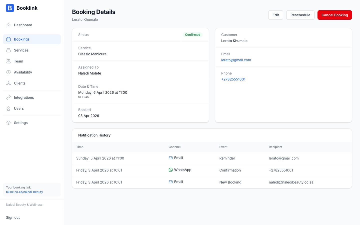 Booking detail panel showing a confirmed booking