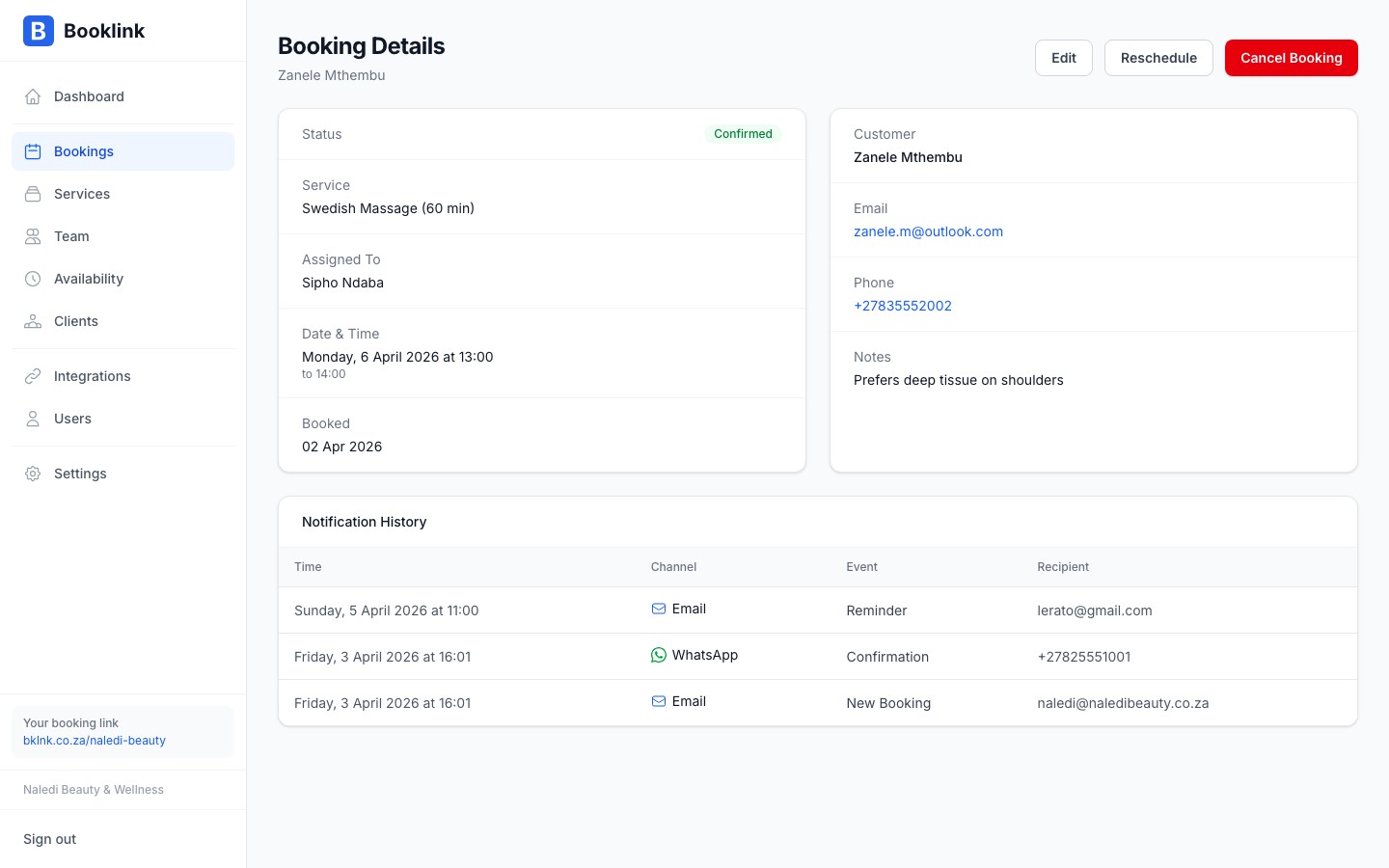 Booking detail panel showing paid payment status