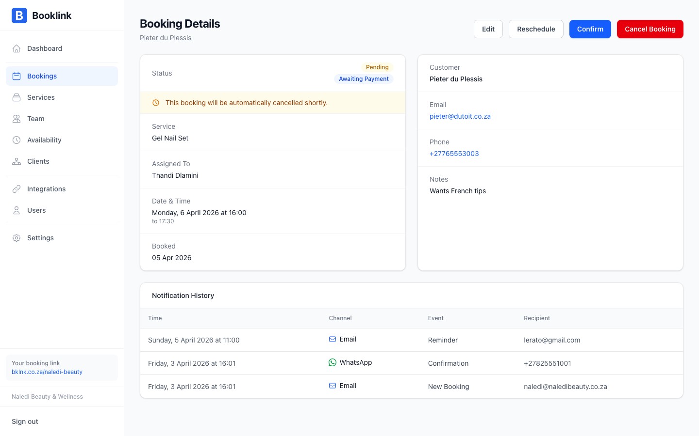 bookings detail pending