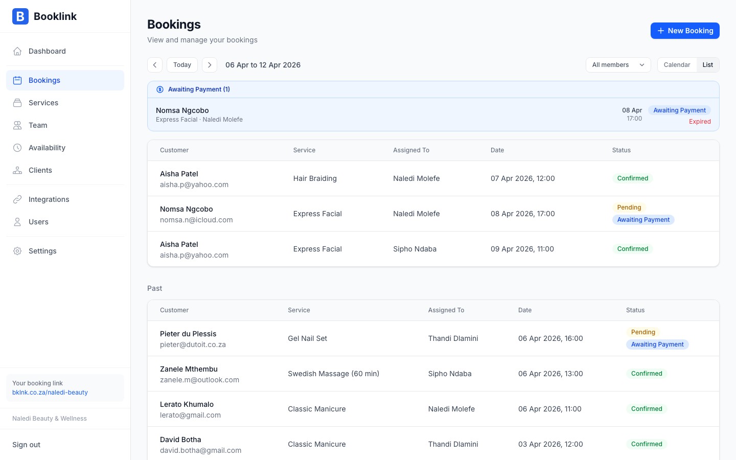 Bookings list view showing upcoming appointments in table format