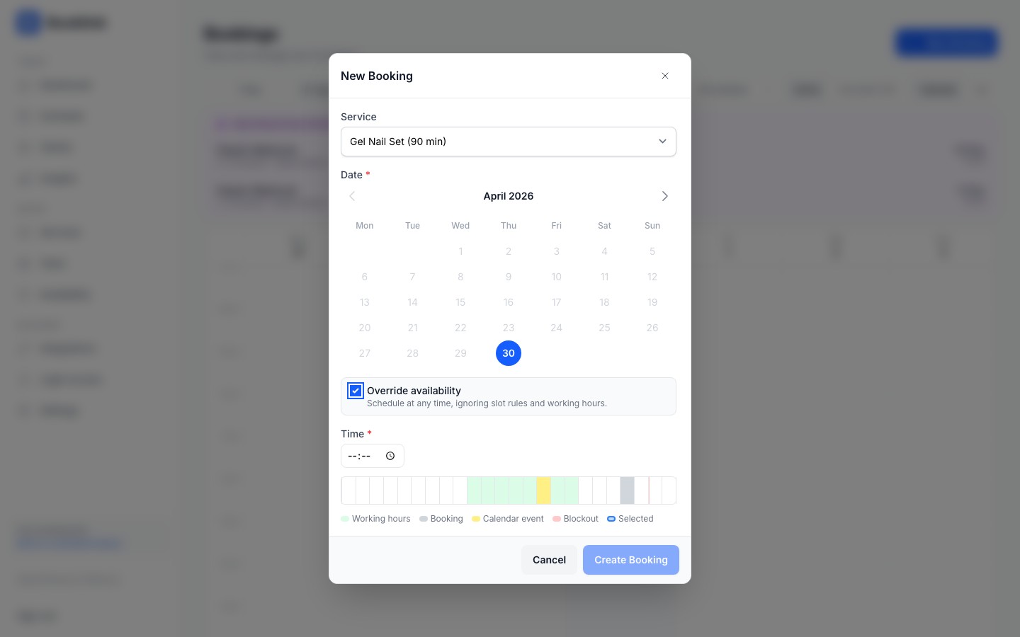 Override mode showing a free time input and a horizontal day timeline