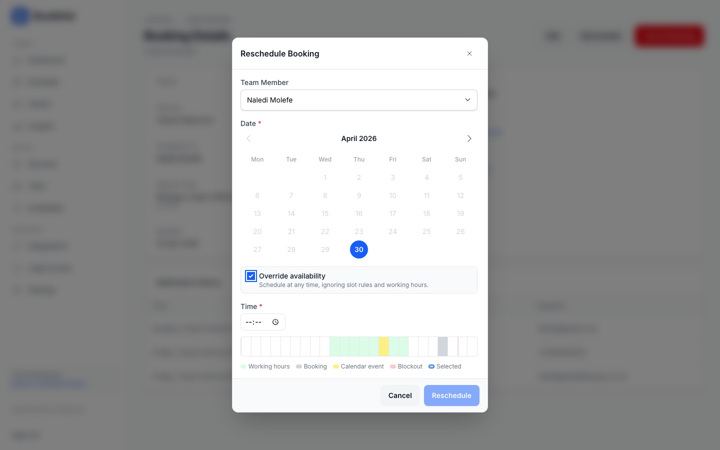 Reschedule Booking modal with the Override availability toggle on