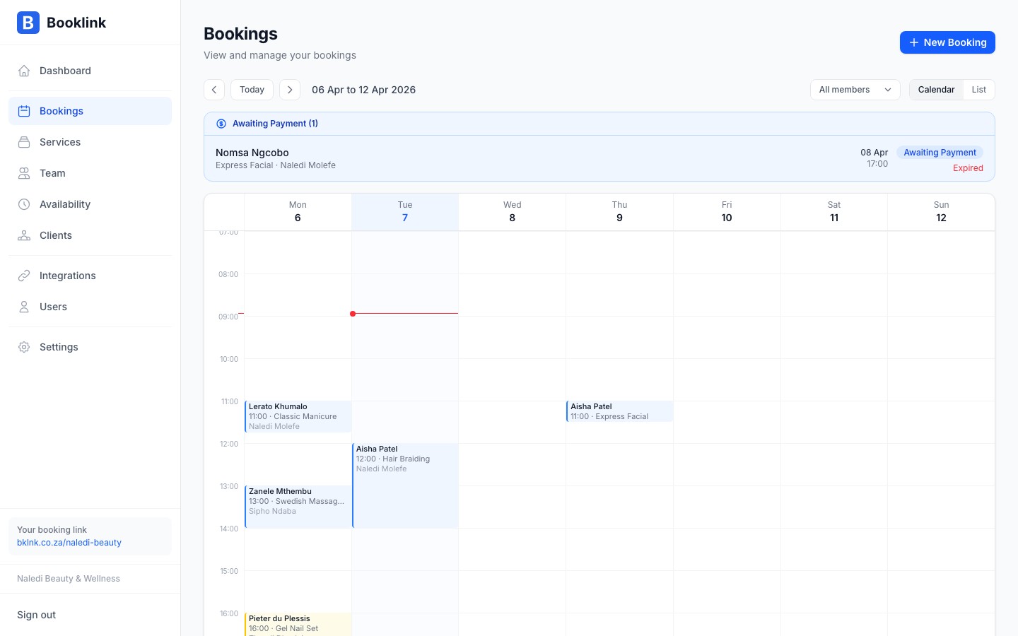 Team member filter dropdown above the calendar
