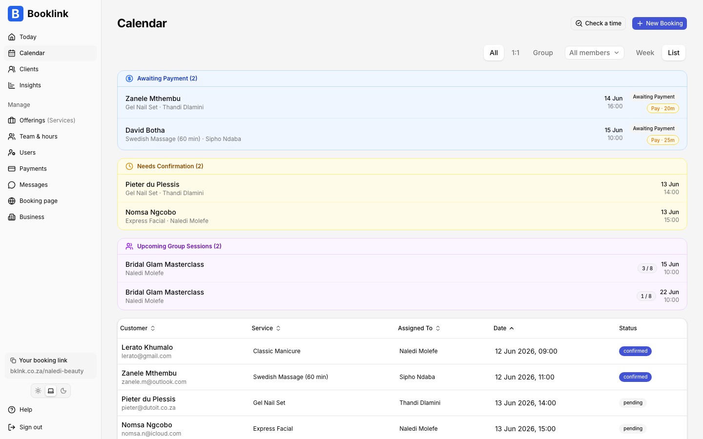 List view showing the Awaiting Payment and Needs Confirmation bands