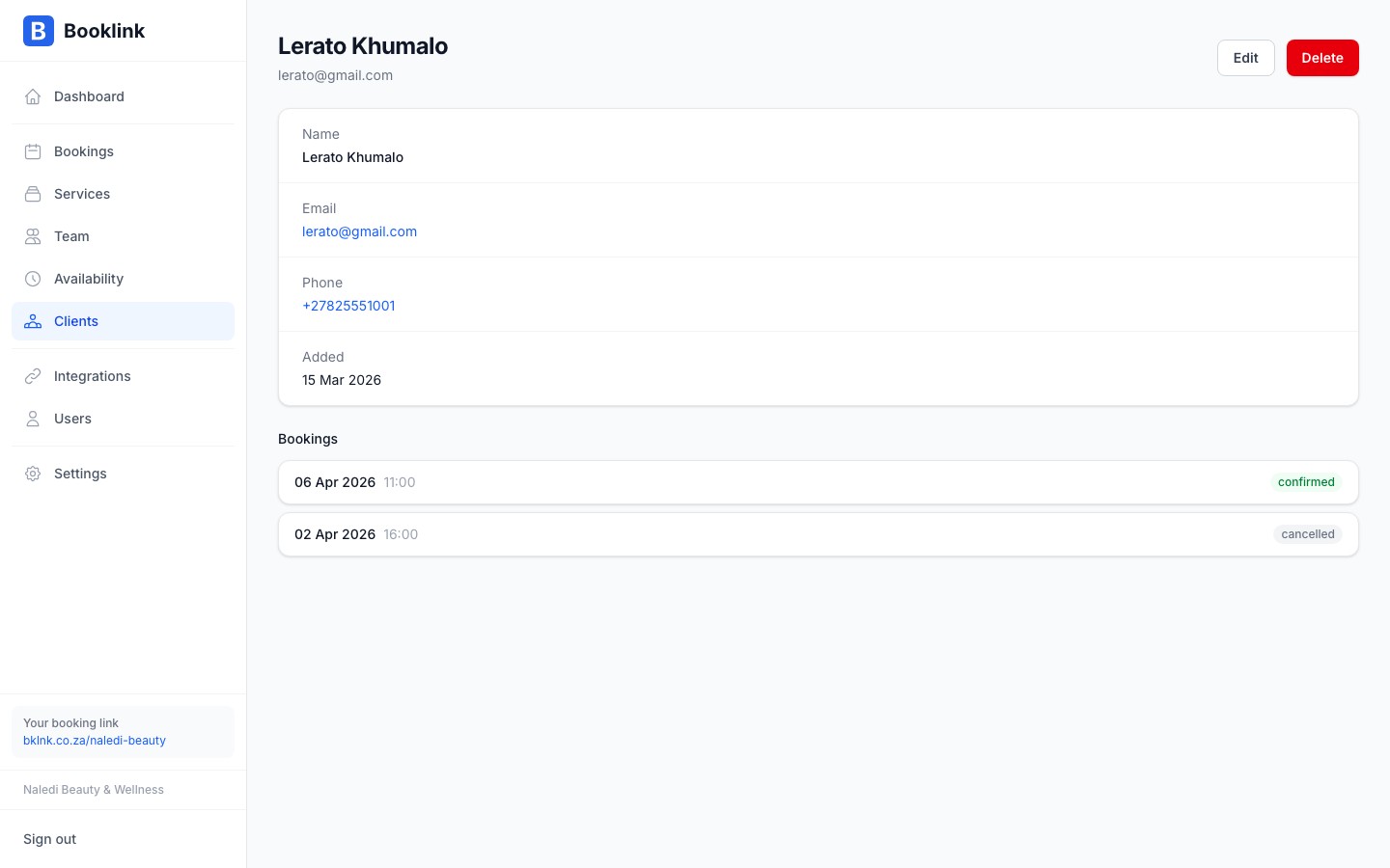 Booking history section on a client's profile page