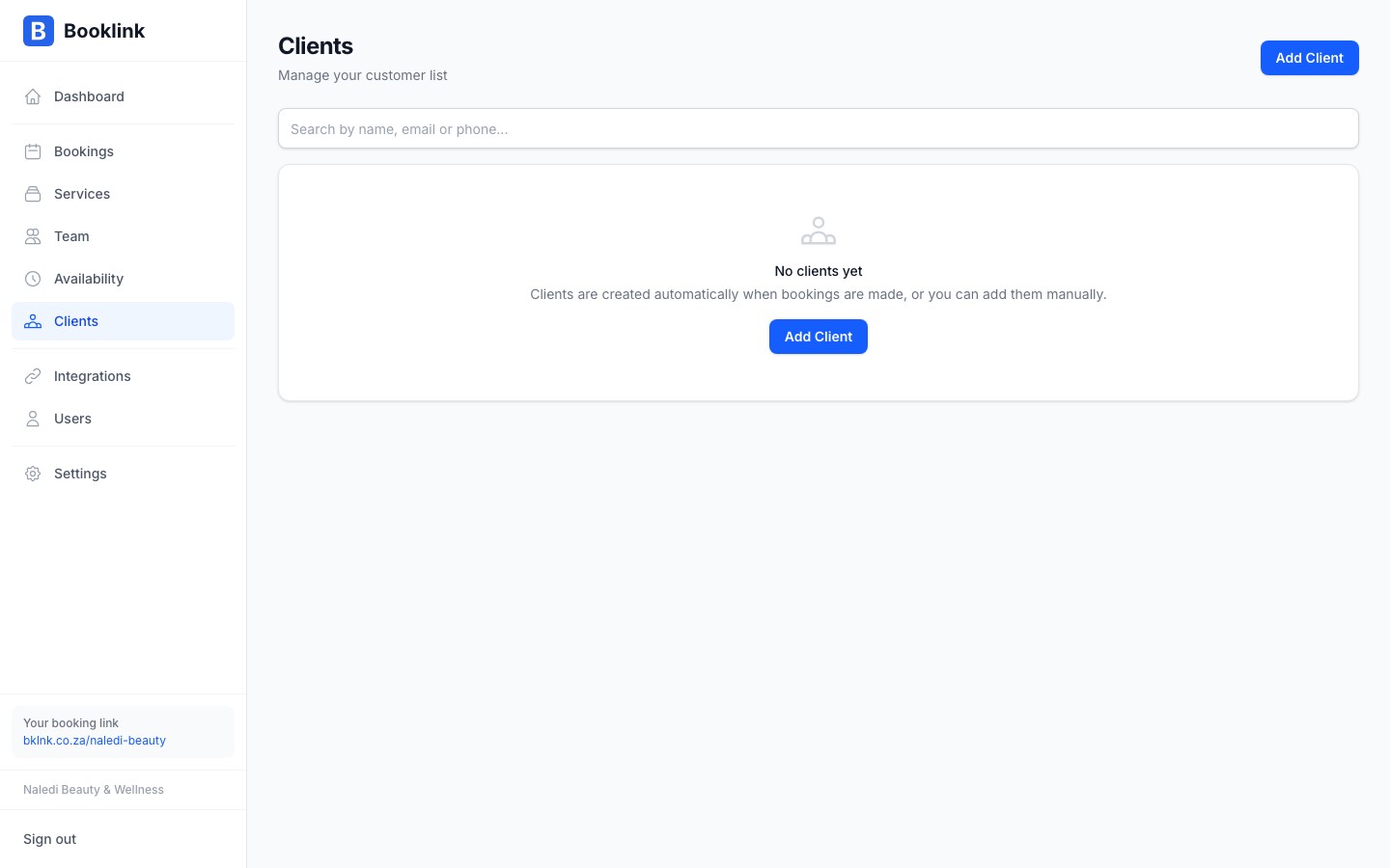 Empty clients state with a prompt to add your first client or share your booking link