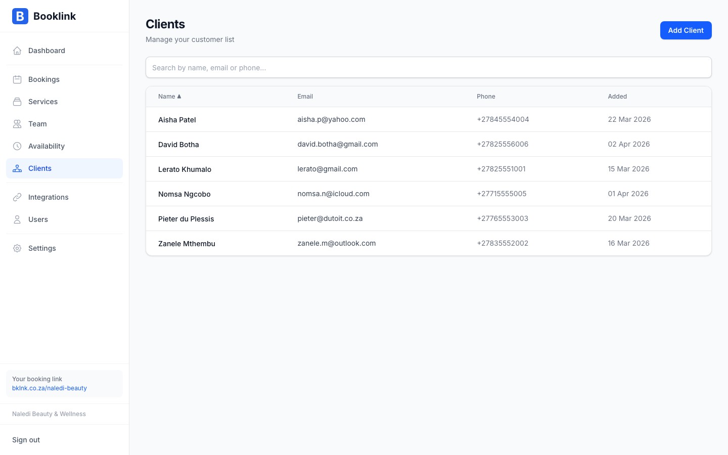 Client list showing names, contact details, and last booking dates
