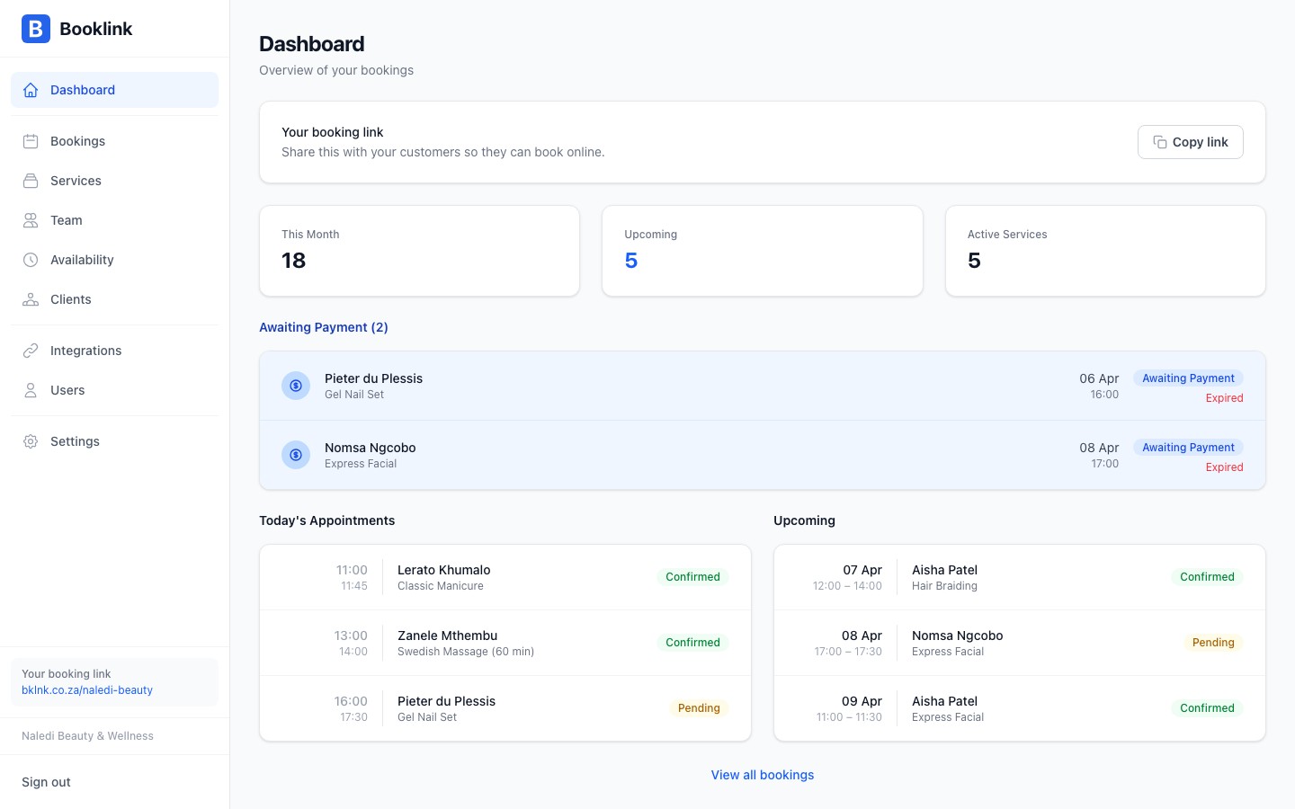 The Booklink dashboard showing stats, pending bookings, and upcoming bookings