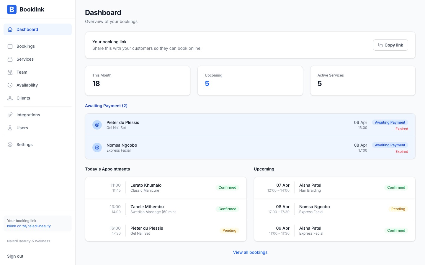 Upcoming bookings section showing a list of confirmed appointments