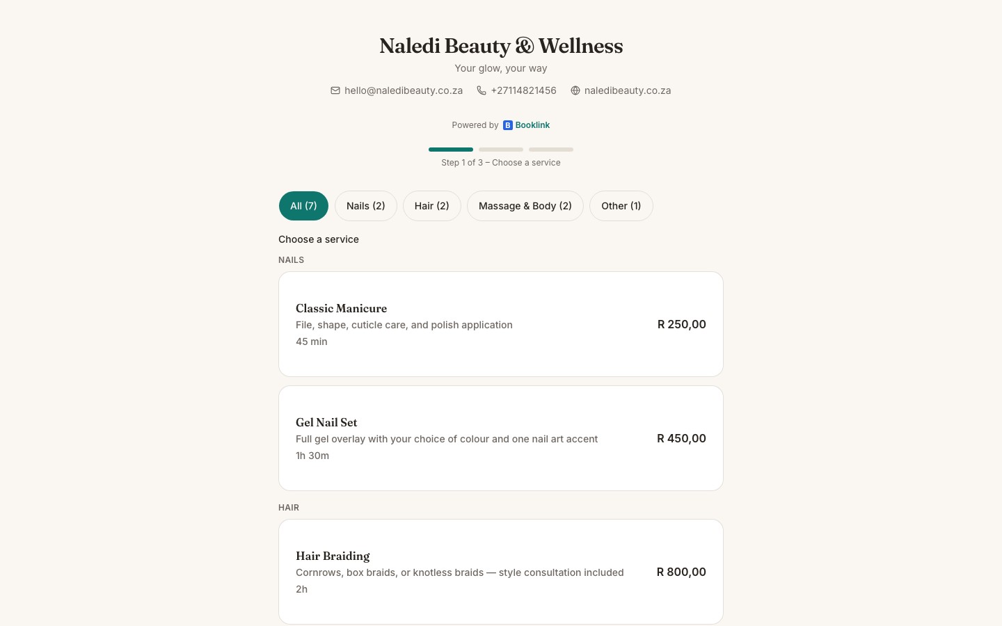 Public booking page showing the category pill bar above the service list