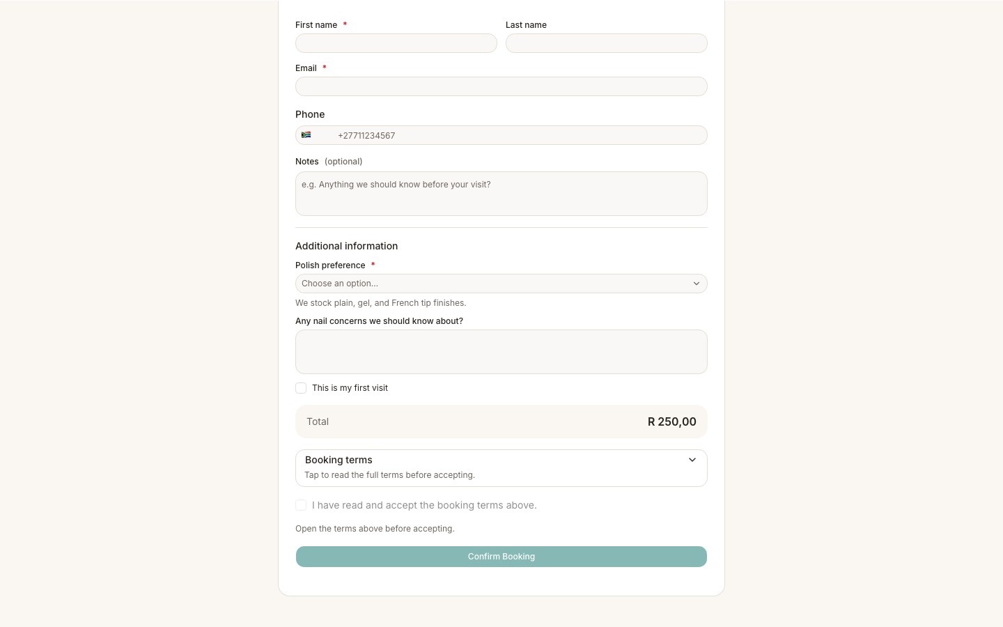 Public booking form showing custom questions below the contact fields