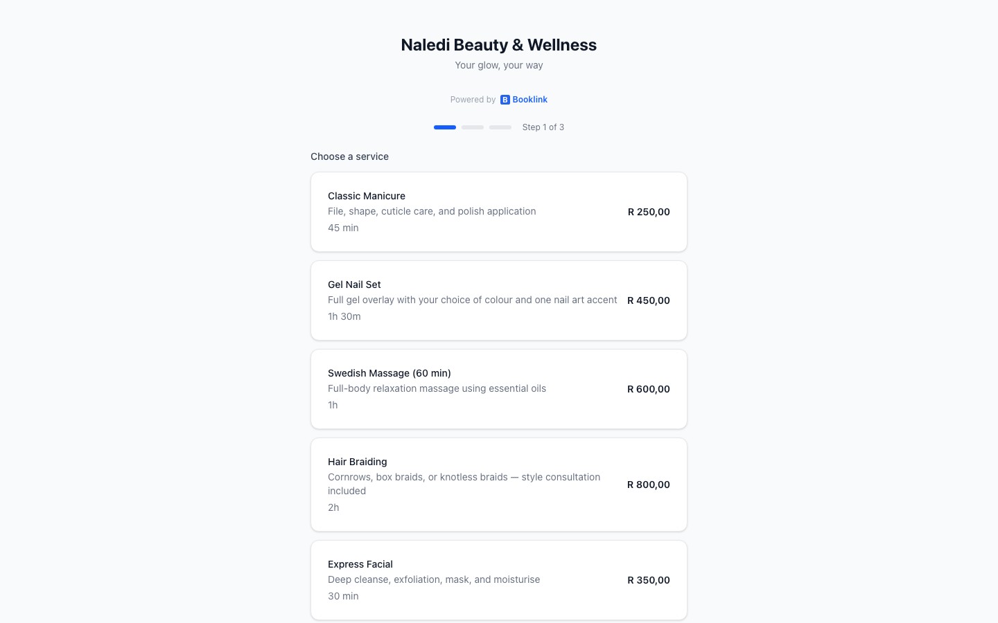 Service selection step showing service cards with name, duration, and price