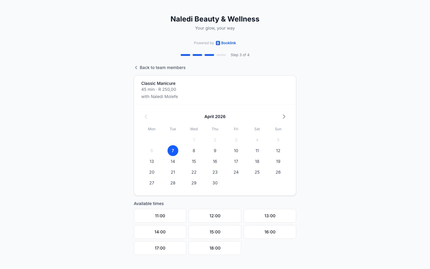Time slot selection showing available appointment times