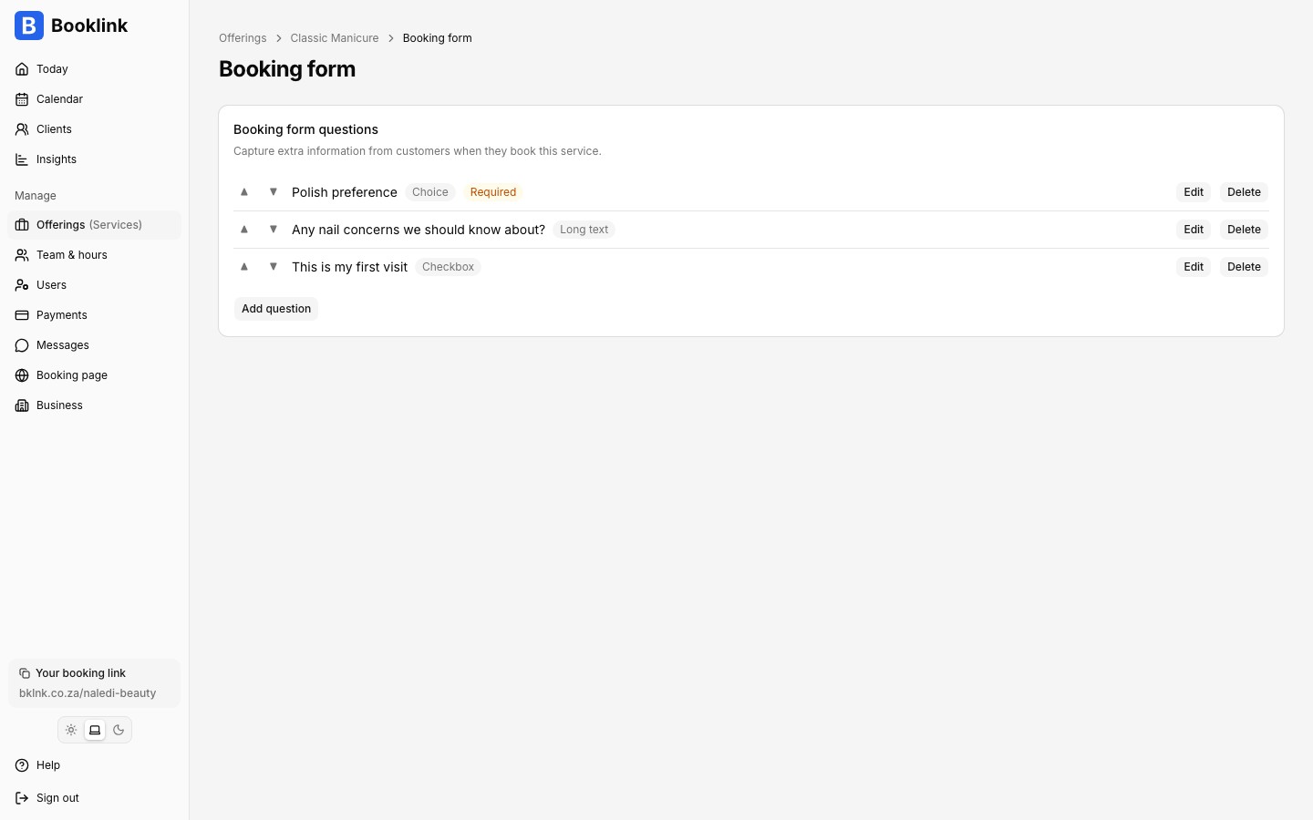 The booking form editor showing custom questions with type badges