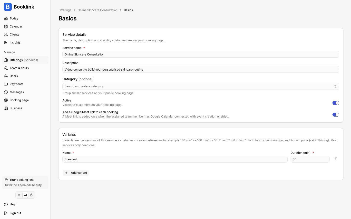 The Google Meet link switch on the service Basics page