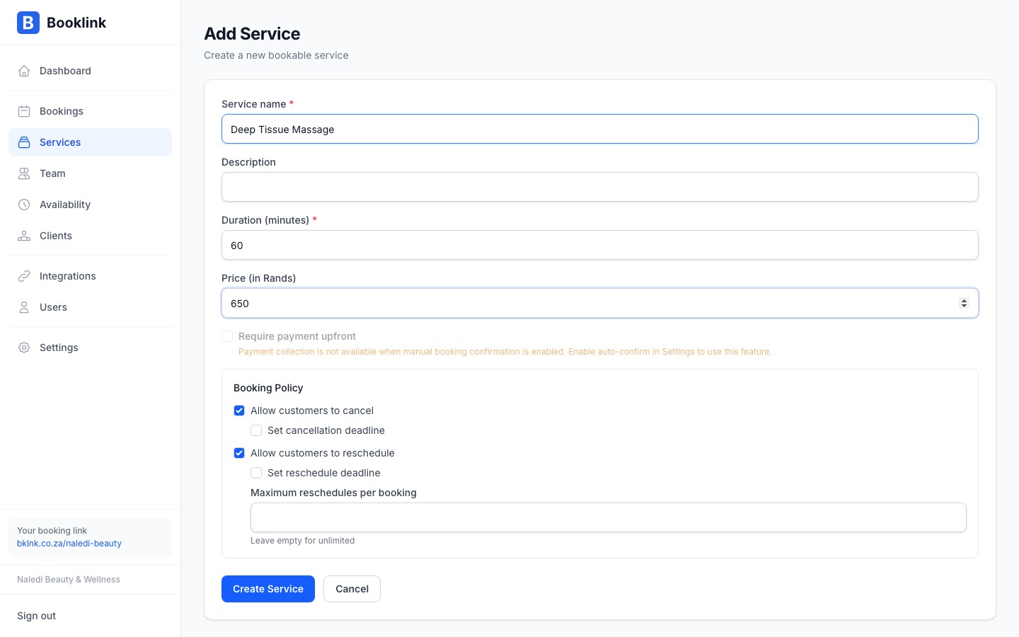 services add form filled
