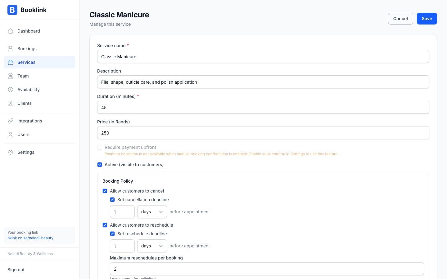 The service assignment override form showing price and duration override fields