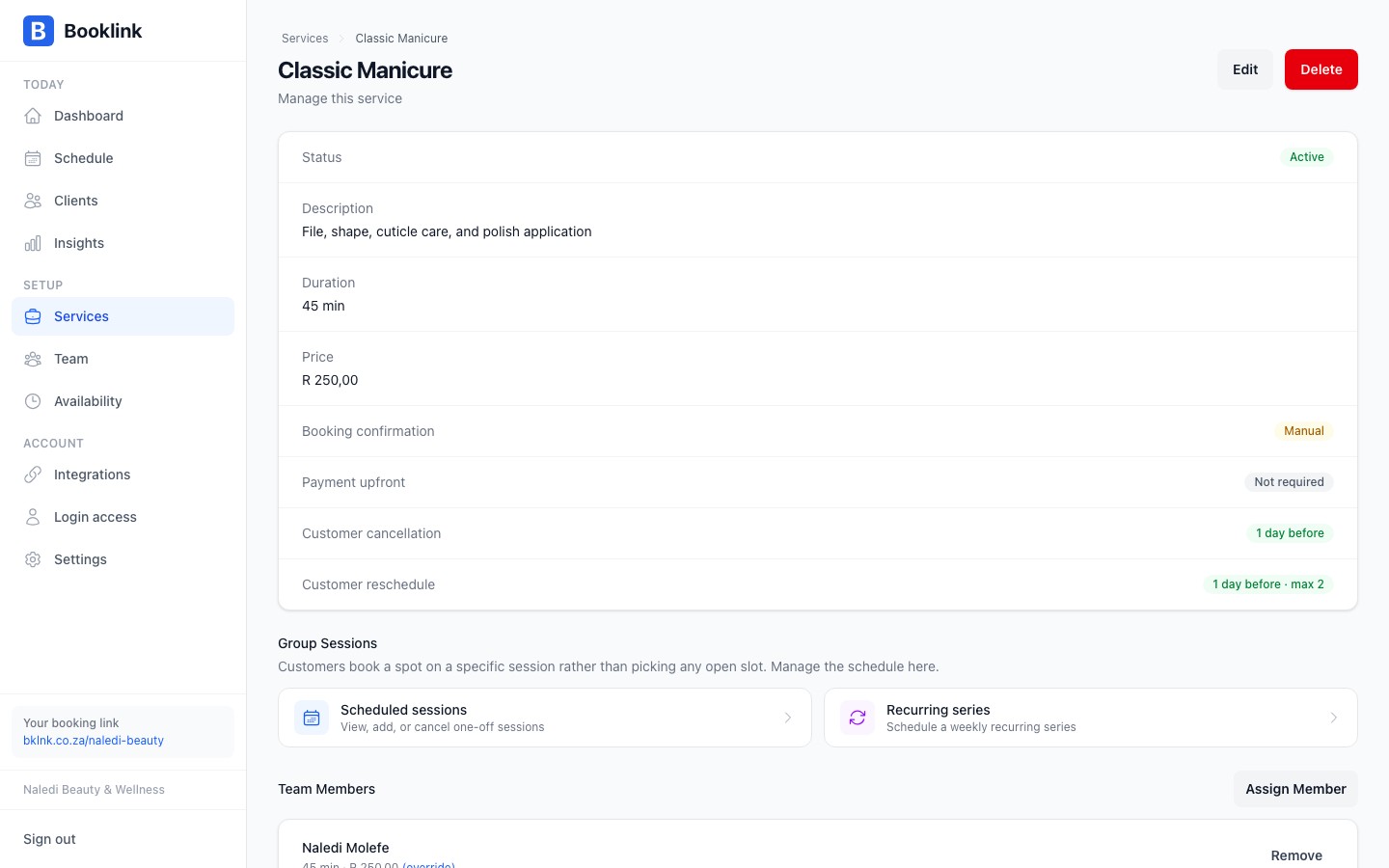 Service detail page showing the price and duration fields alongside other service settings