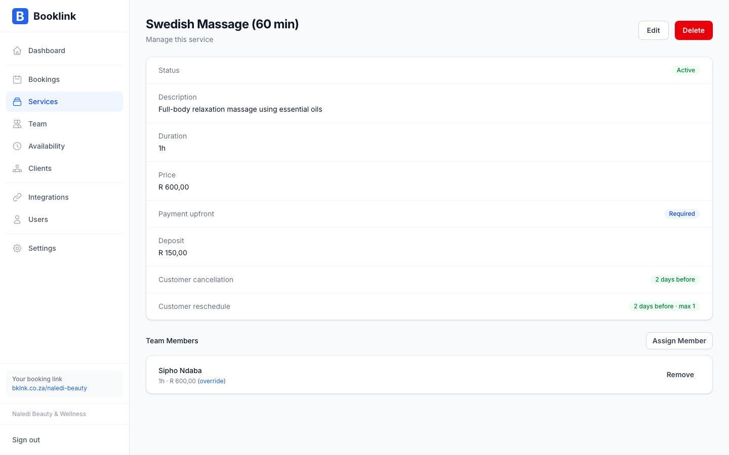 The payment required settings panel showing the toggle and deposit amount field