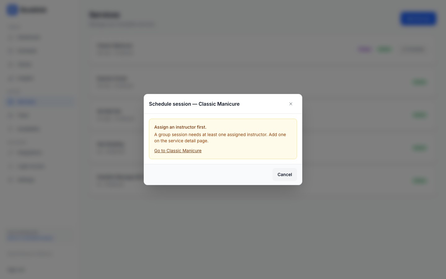 Quick-schedule dialog showing the blocking message when no instructors are assigned to the service