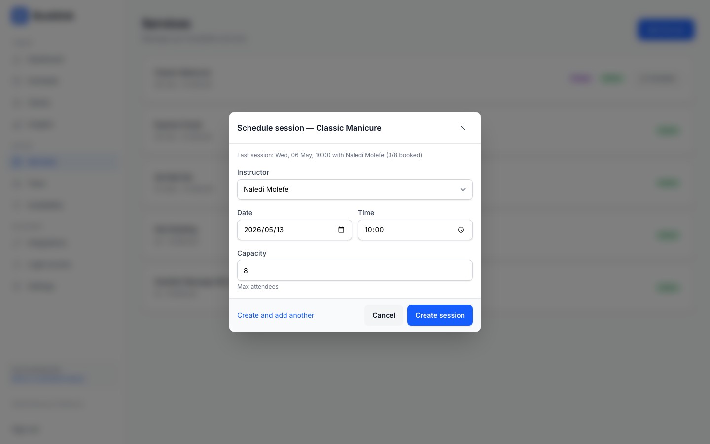 services quick schedule dialog