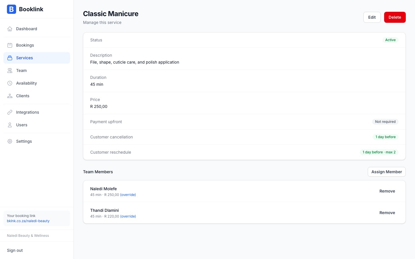The team assignments section on a service detail page showing assigned team members