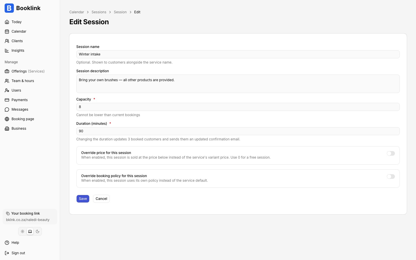 Session edit form showing the session name, description, capacity, and duration fields