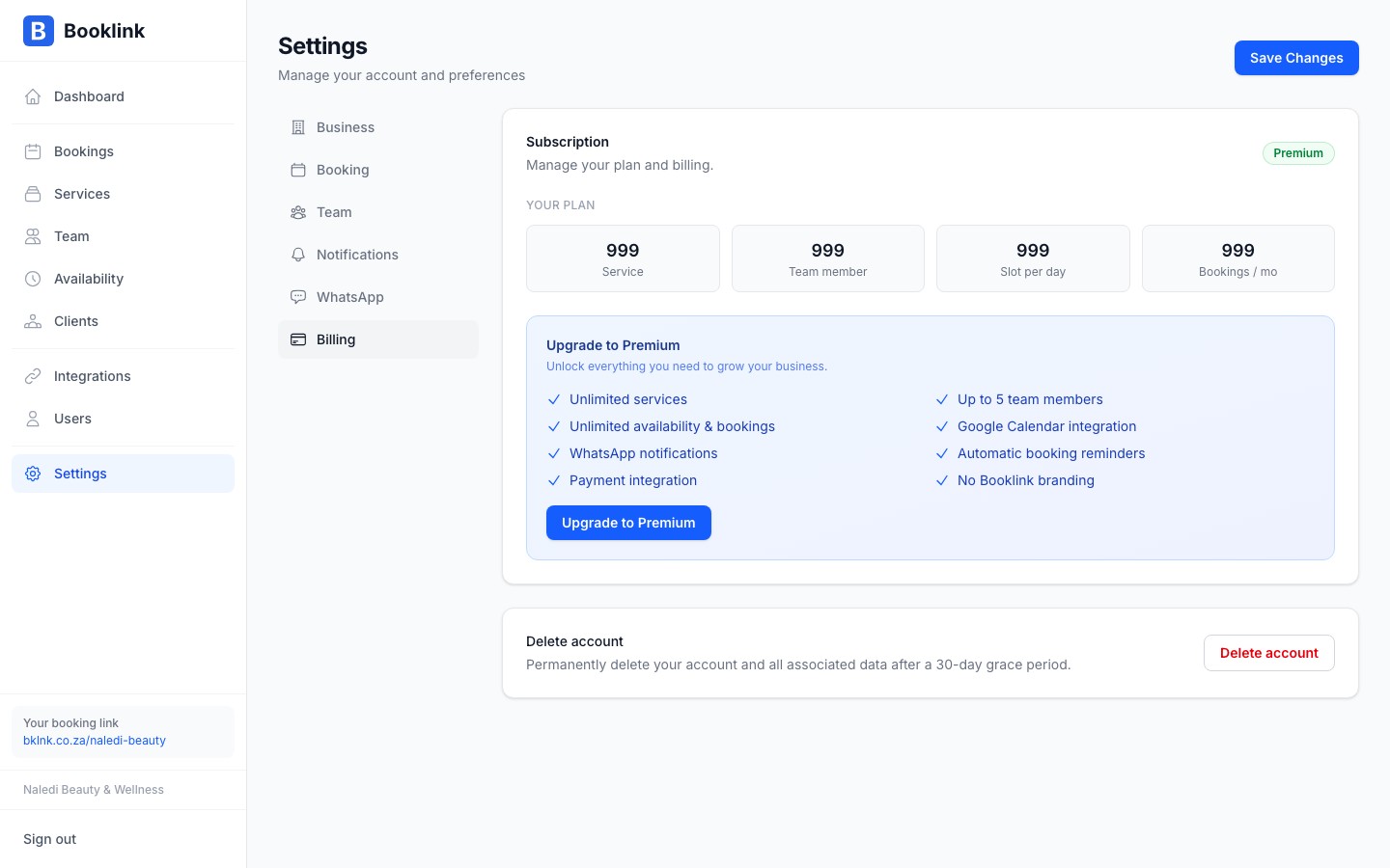 Billing settings page for an active premium subscription showing renewal date and plan details