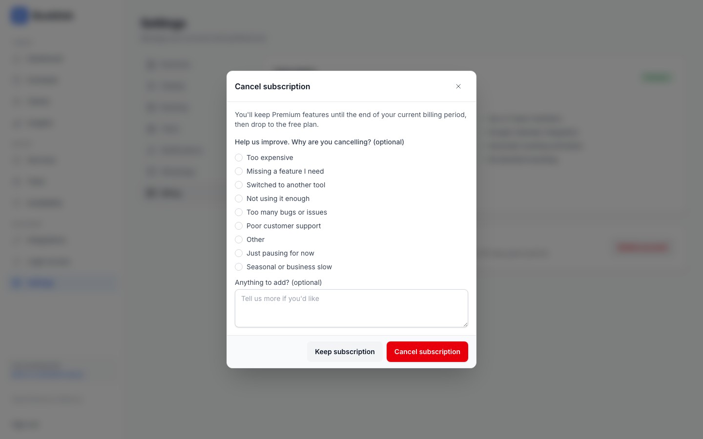 Cancel subscription confirmation modal showing the optional feedback prompt