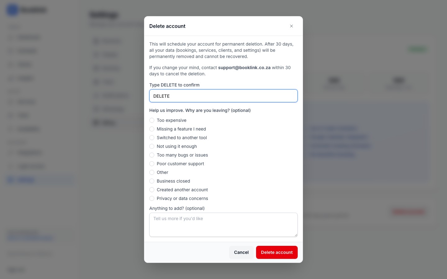 settings billing delete modal