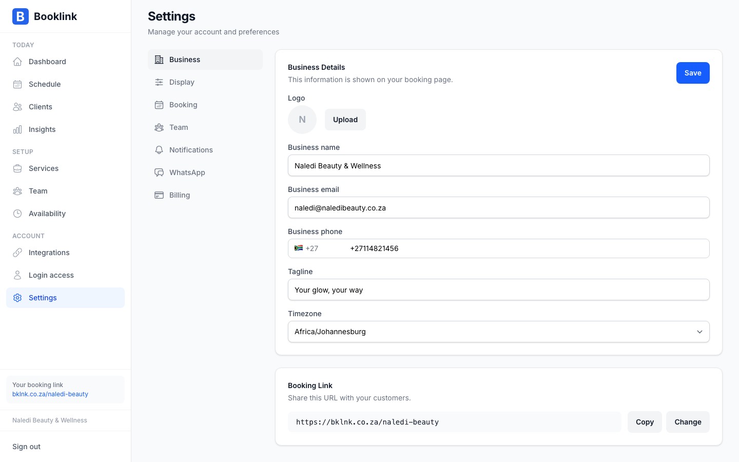 Settings page showing the booking link field with the full URL