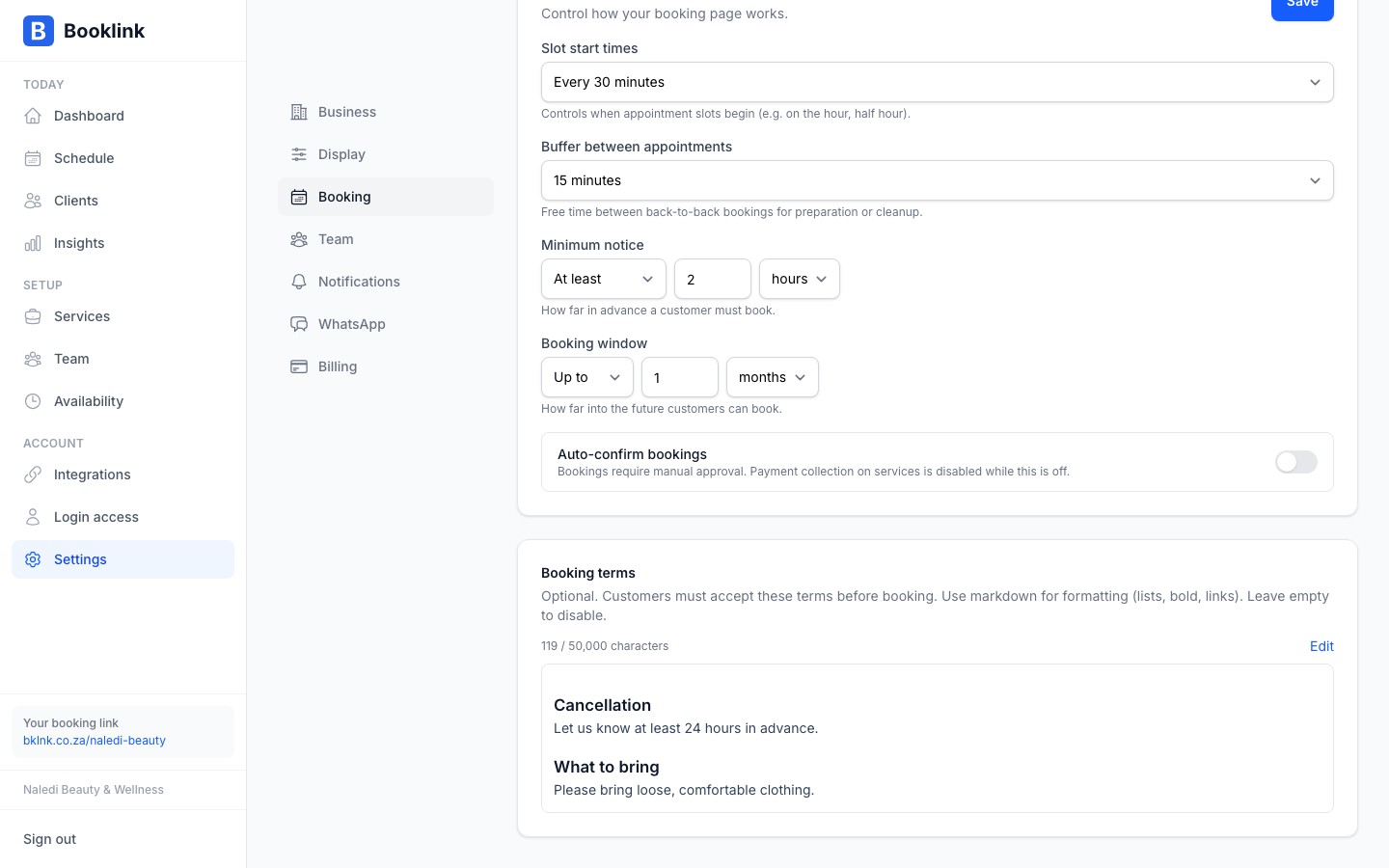 settings booking terms preview