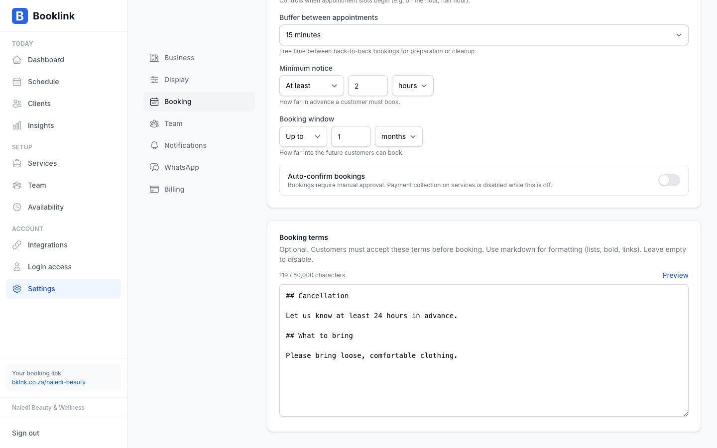settings booking terms