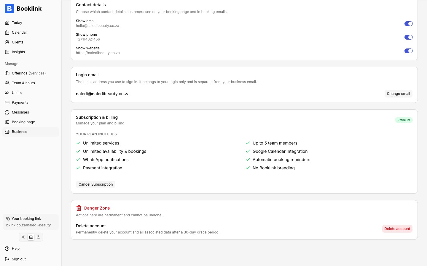 Contact details card with show email, show phone, and show website switches