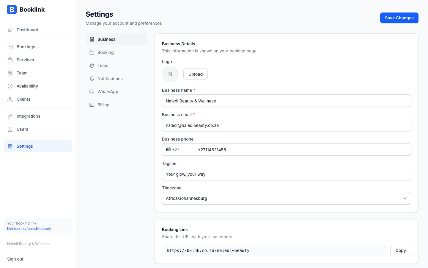 Business information settings page with the booking link slug field highlighted