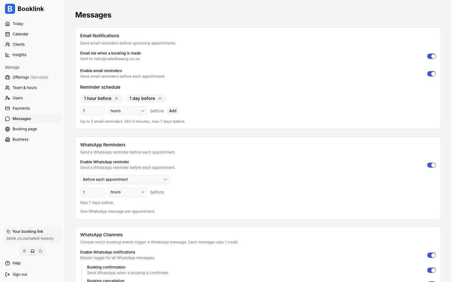 Email reminder schedule on the Messages settings page