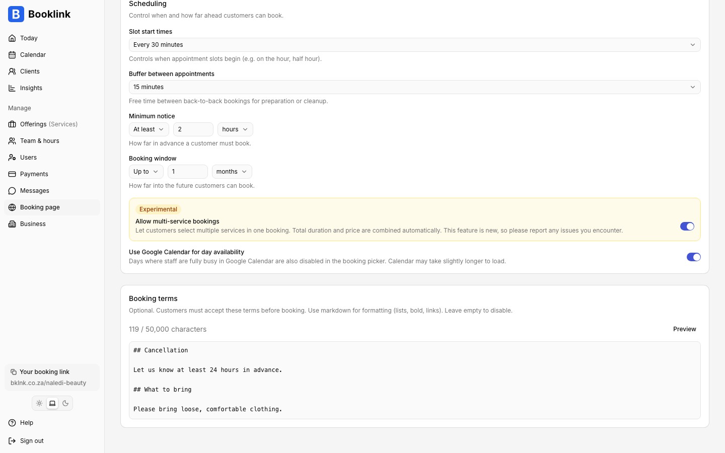 The multi-service bookings switch in the Booking page settings