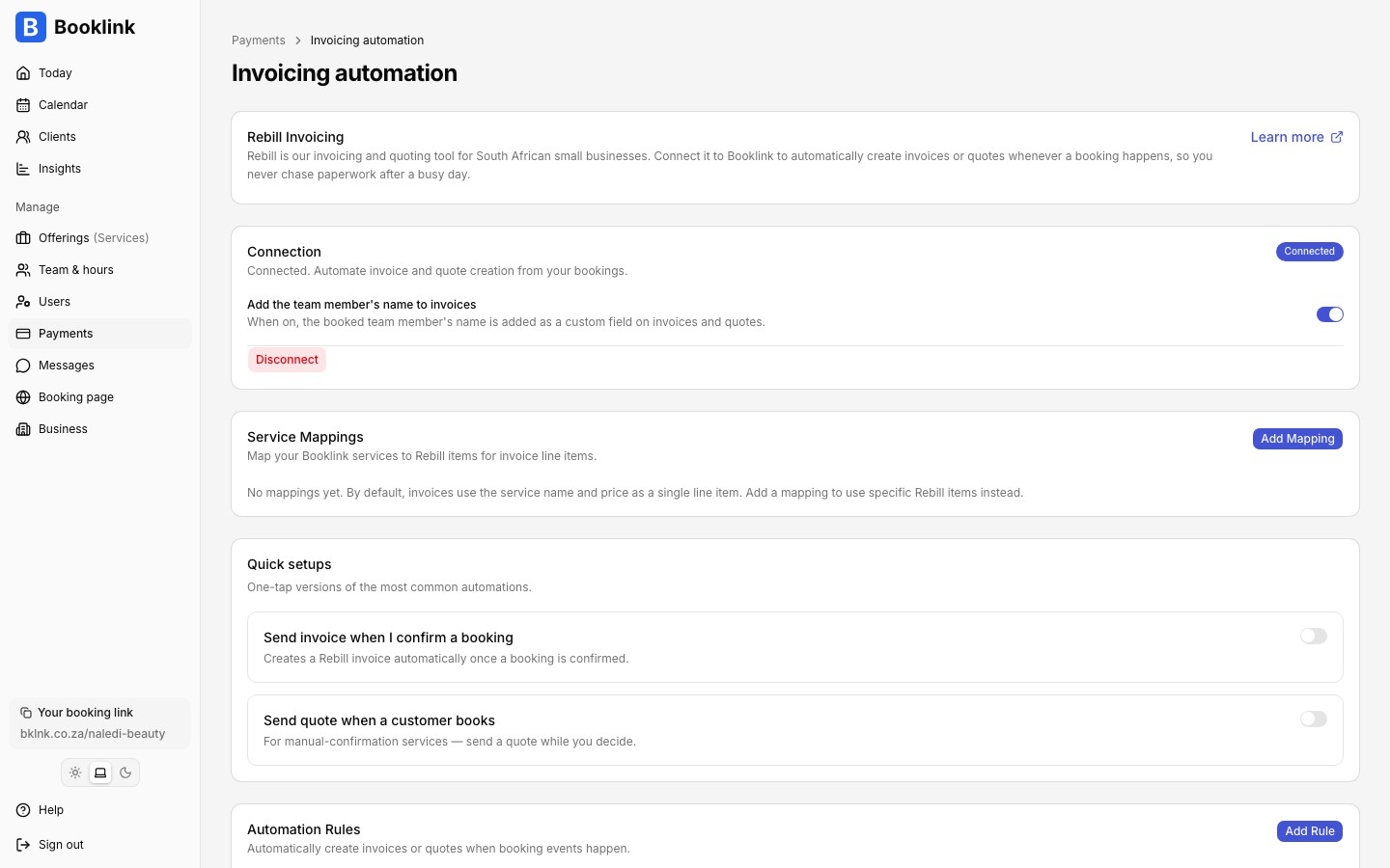 Invoicing automation settings showing the Rebill connection and team member name switch