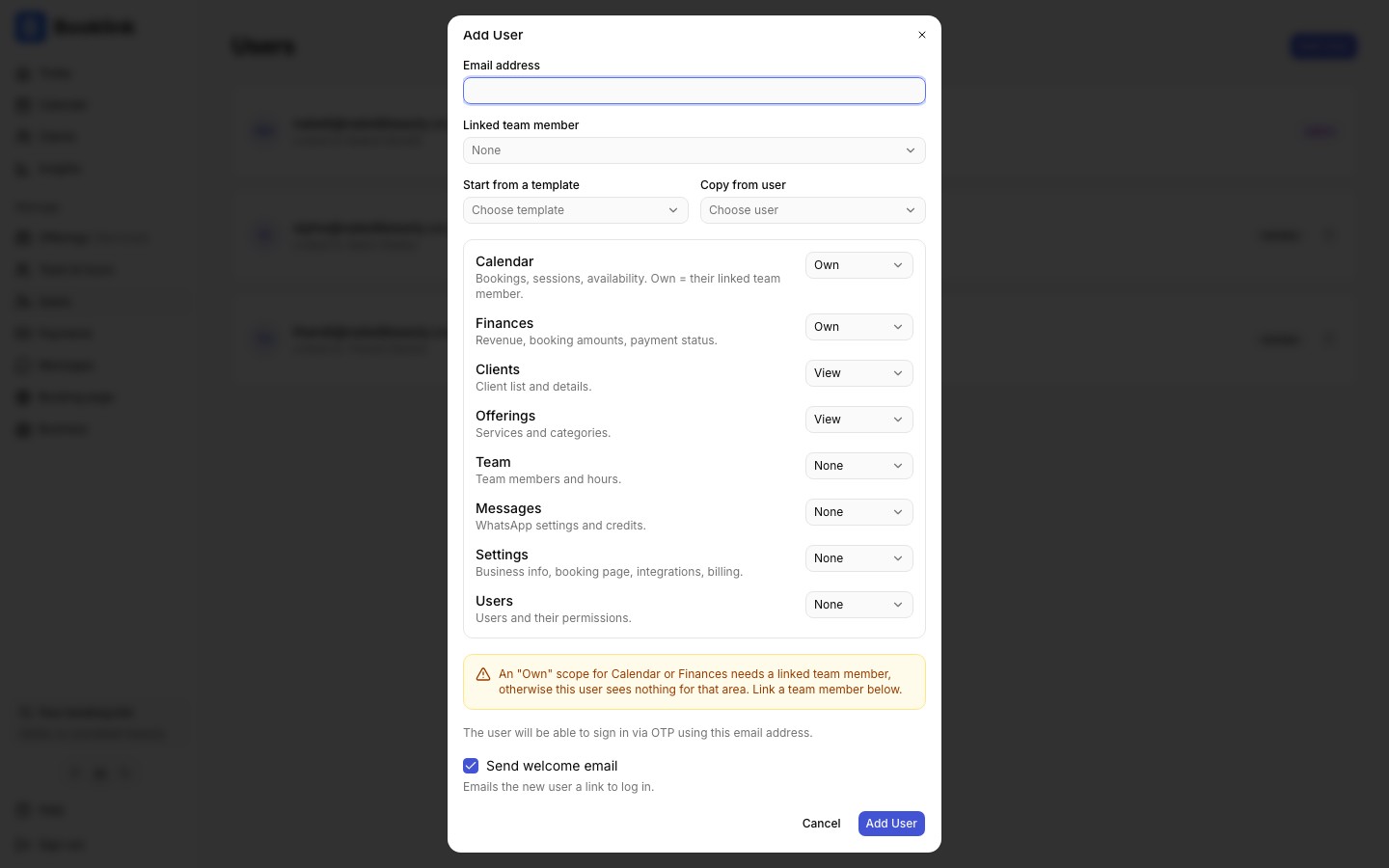 The permission editor showing the template picker and per-area levels
