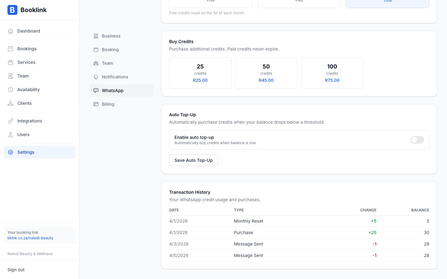 Auto top-up settings showing trigger balance and bundle selection