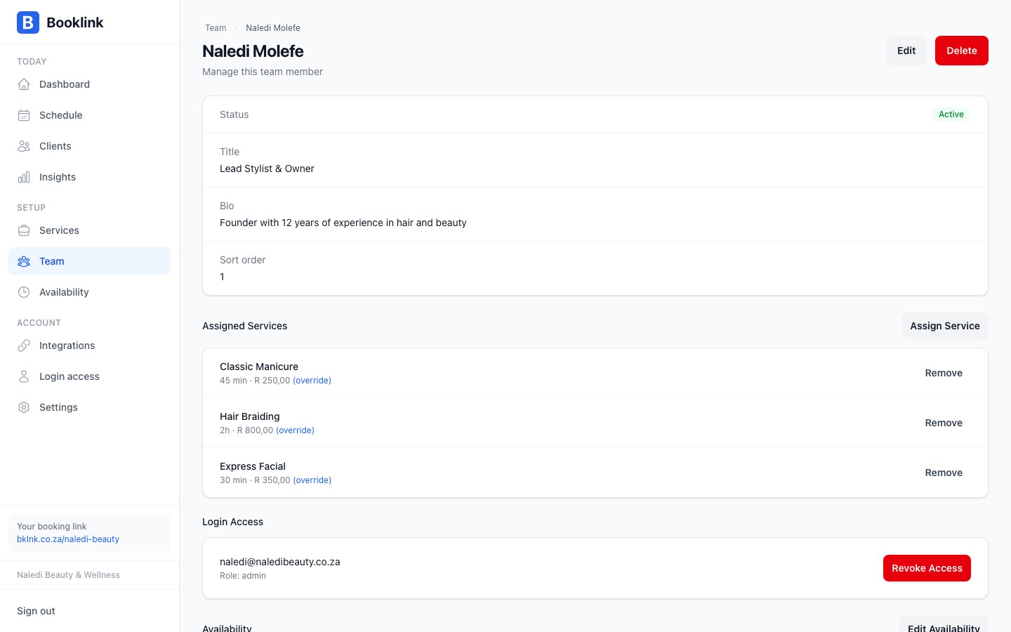 The team member detail page showing profile information, availability summary, and assigned services