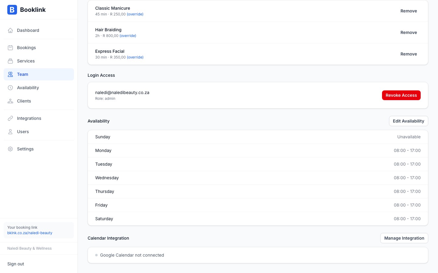 The login access section on a team member profile showing the create login button and email field